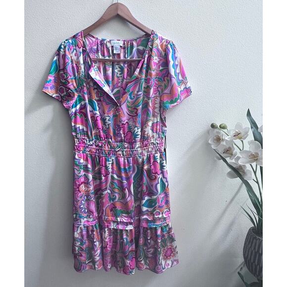 Nicole Miller Dress Womens L Pink Multi Satin Floral Abstract Pocket Ruffle Mini - Picture 1 of 10